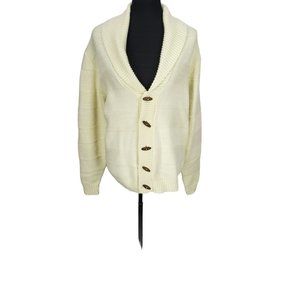 Vintage 70's Knit Cream‎ Off White Cardigan Wooden Large Button Collared Sweater